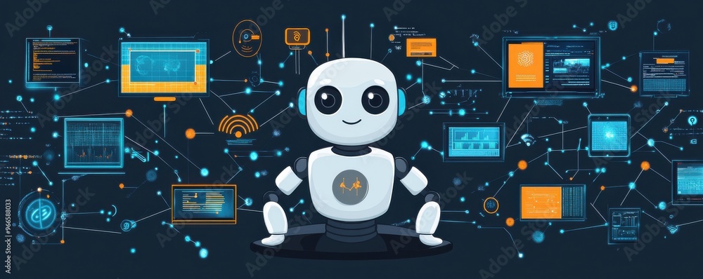 Poster robot sitting in front of connected digital interface showcasing futuristic technology and artificia