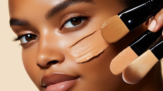 Close-up of a woman's face with foundation swatches and makeup brushes, showcasing various tones for perfect skin coverage.