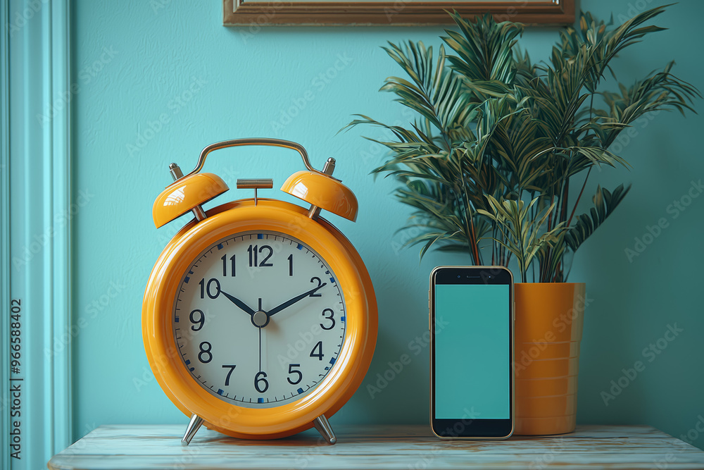 Poster a classic alarm clock beside a smartphone displaying the time, symbolizing the evolution of daily li