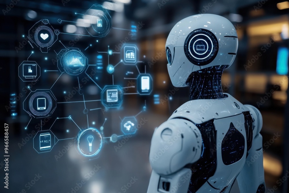 Poster futuristic robot standing in front of a digital ai network, showcasing advanced technology and innov