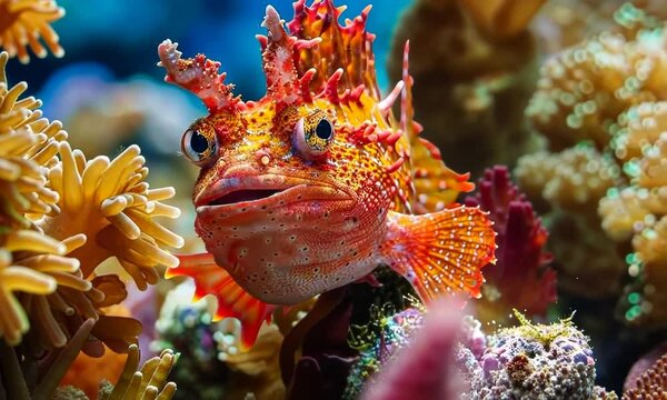 Vibrant frogfish camouflaged among coral, hyperrealistic Video