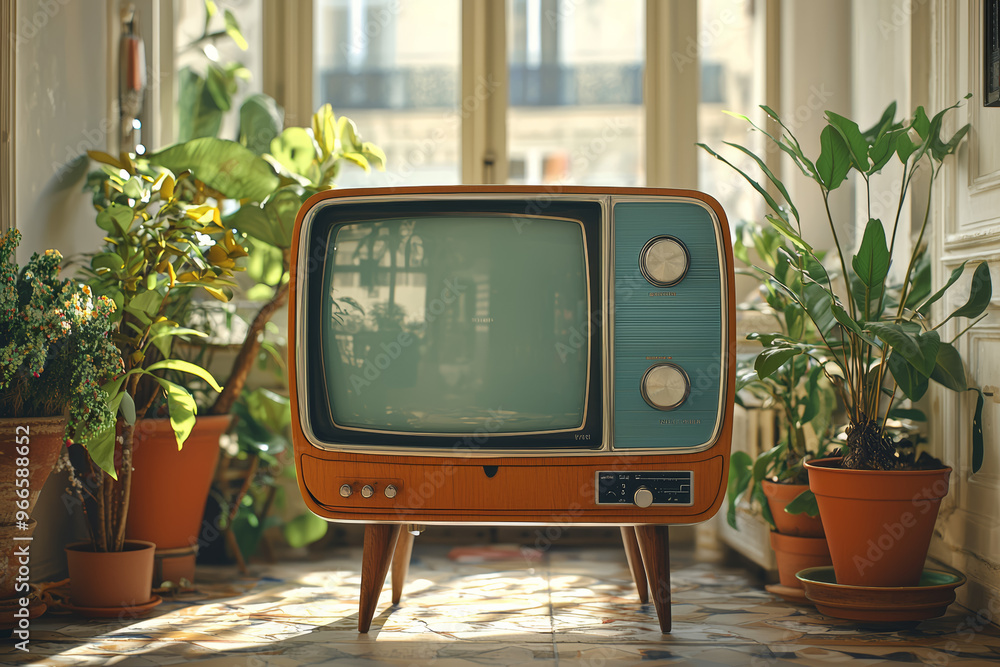 Poster a 1960s television set with a modern flat-screen display inside, blending old design with new techno