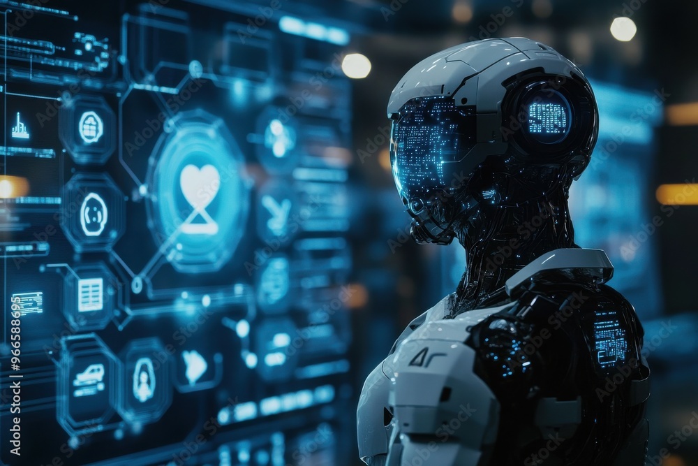 Poster advanced robot standing in front of an ai network interface showcasing futuristic technology and art