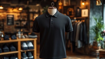 Obraz premium A black polo shirt displayed on a mannequin in a clothing store.