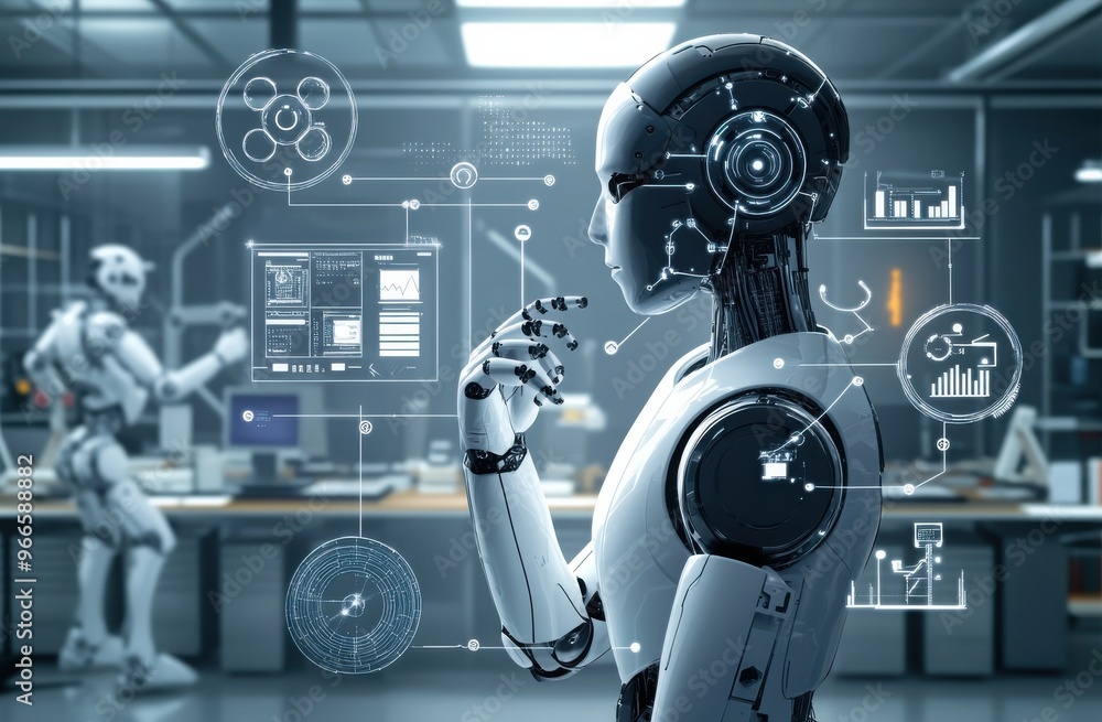 Poster futuristic robot contemplating surrounded by digital interface icons in a modern tech office environ