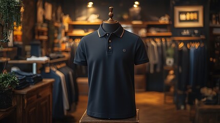Obraz premium A black polo shirt with a white collar and gold trim is displayed on a wooden mannequin in a clothing store.
