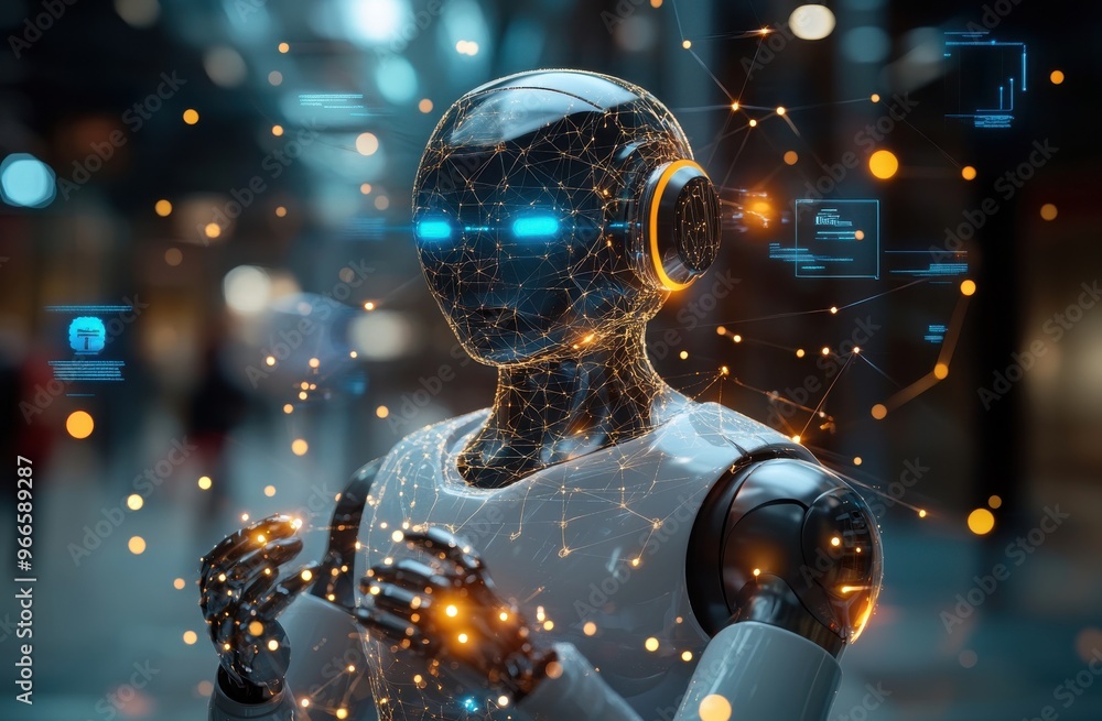 Poster ai-inspired robot with glowing face and hands in futuristic digital environment