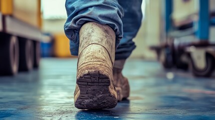 Close-up of worker's muddy boots walking in a factory, showcasing industrial work environment and labor-intensive job.