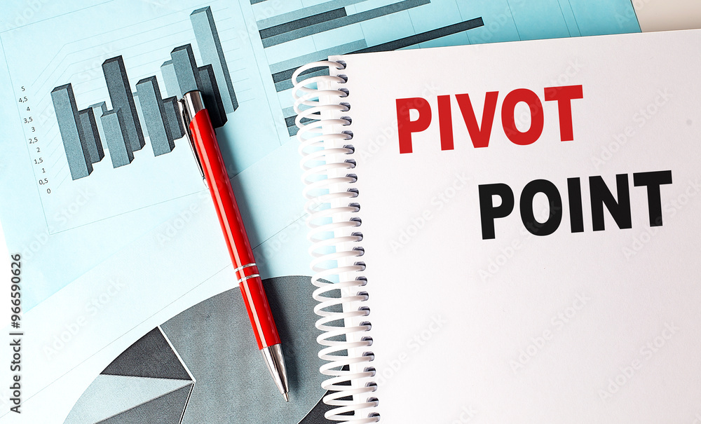 Poster pivot point concept on a notebook with business charts and a red pen on a desk