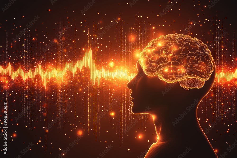 Poster brain stimulation brain circuits and brain impulses abstract face with orange light patterns visuali