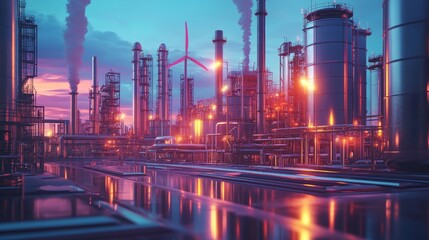 Fototapeta premium Solar panels and wind turbines connected to a transparent holographic grid overlay, with futuristic energy patterns, glowing lights, and digital connections, Sci-fi, Neon