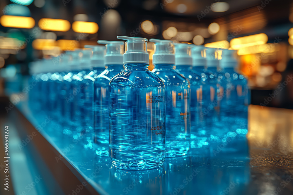 Aufkleber a set of hand sanitizer bottles placed strategically in a public space, illustrating the measures ta