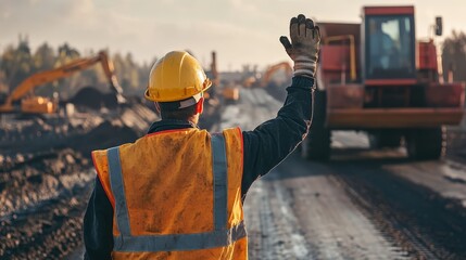 Construction worker in safety gear directing traffic at a roadwork site with heavy machinery in the background during daytime.