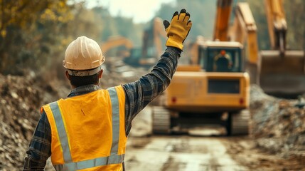 Construction worker wearing safety gear directs heavy equipment on a muddy site during work on a rural road project.