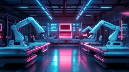 Autonomous robotic arms in a sterile food processing lab, chrome surfaces reflecting LED lights, glowing holographic panels, Cyberpunk, high-tech ambiance, neon accents