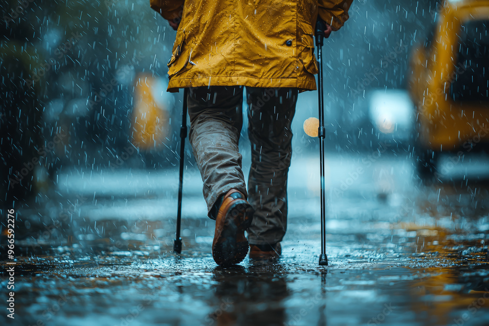 Poster a person using a cane to assist with walking due to mobility issues, reflecting the challenges of co