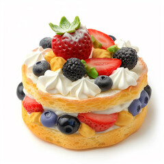 A cake with a fruits and whipped cream on top on white background