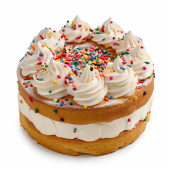 A cake with white icing on white background 