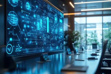 A computer monitor displays a complex network of blue lines and shapes