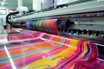 Large format printing machine with colorful abstract pattern on the roll.