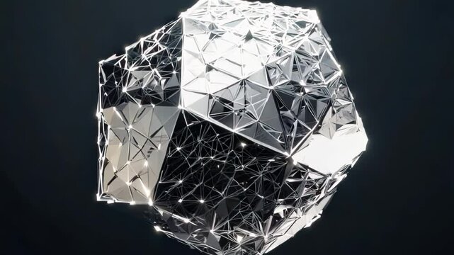 Intricate dodecahedron with silvery geometric patterns rotating in void space. Complex pentagonal faces showcase neural network-like designs. 