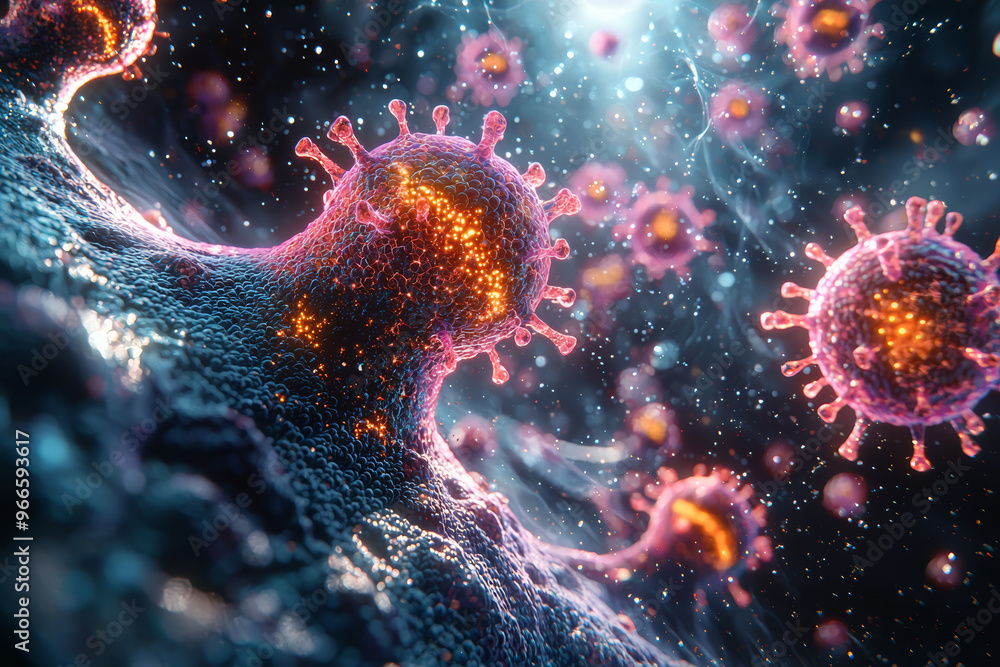 Aufkleber a digital simulation showing the viral replication process inside a host cell, illustrating the biol