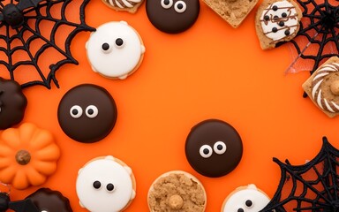 Festive Halloween cookies and decorations on an orange background, perfect for spooky celebrations. 
