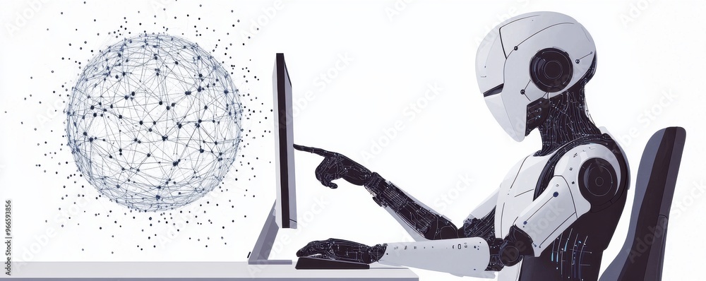 Poster futuristic ai robot interacting with digital network on computer screen in modern technology illustr