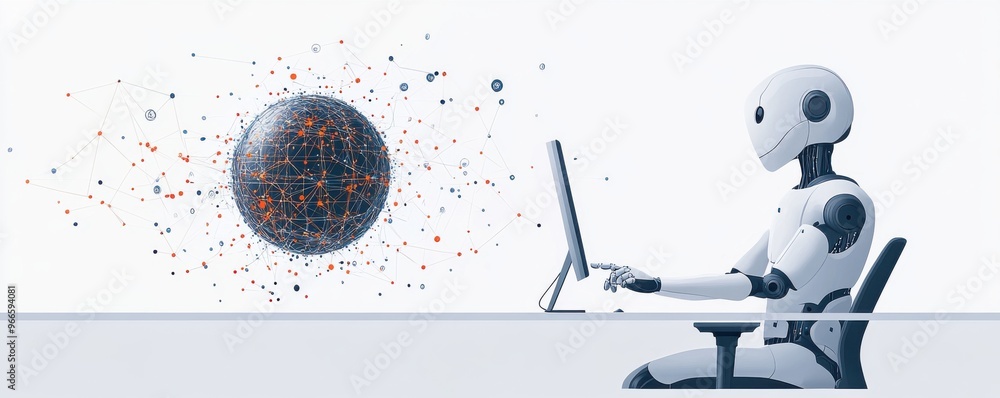 Poster ai robot interacting with futuristic digital sphere on computer illustrating technology and innovati