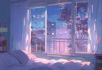 a cartoon Japanese bedroom, Cherry blossoms or snow falling outside the window