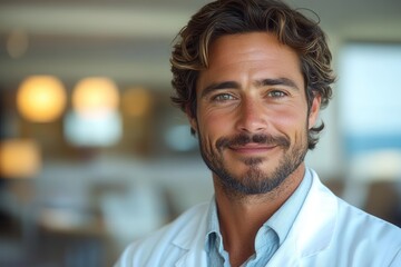 Obraz premium compassionate doctor with warm smile and kind eyes wearing a crisp white coat soft lighting creates a comforting atmosphere in a modern medical office setting