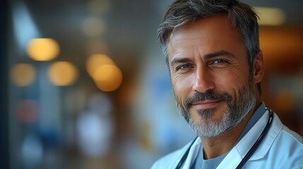 compassionate doctor with warm smile wearing white coat and stethoscope soft lighting enhances friendly demeanor instilling trust and comfort in a clinical setting