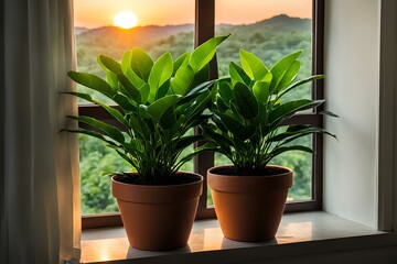 Fototapeta premium window and plants, the sun shining down on the pot in front of the window