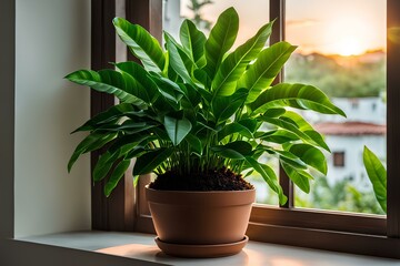 window and plants, the sun shining down on the pot in front of the window