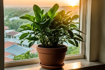 window and plants, the sun shining down on the pot in front of the window