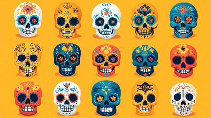 Flat dia de muertos skulls collection