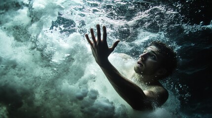 Dramatic underwater photo of a man reaching towards the surface, surrounded by turbulent water waves and bubbles.