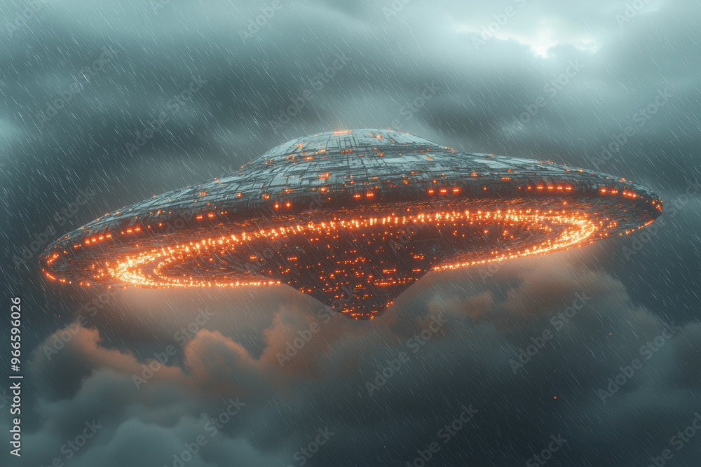 Poster a strange, angular object with bright red lights, moving erratically across a stormy sky. concept of