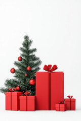Fototapeta premium Festive Christmas scene featuring decorated tree and red gifts, evoking holiday cheer.