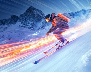 Blazing speed on futuristic icy slopes, skiers with light trails zooming past transparent, glass-like structures, winter mountain in the distance