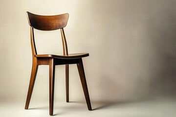 Elegant midcentury modern wooden chair, curved backrest, dark walnut finish, against a neutral background with subtle shadows