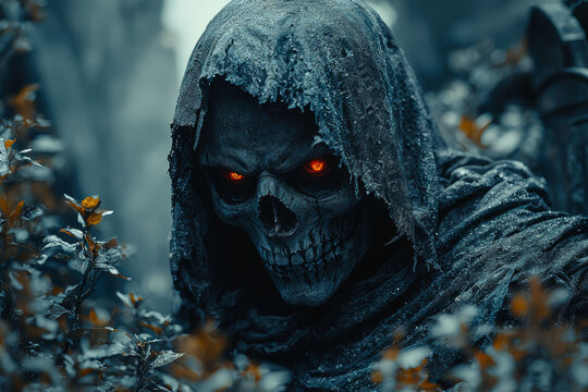 A sinister, skeletal figure with glowing red eyes and a tattered cloak, lurking in an abandoned graveyard. Concept of undead creatures and gothic horror.