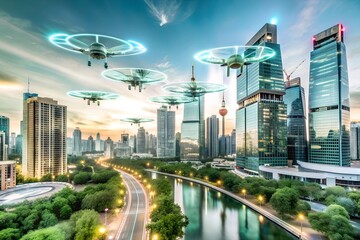 Futuristic Smart City Skyline at Night - Neon Lights, Drones, and Holographic Billboards in High-Tech Urban Innovation 