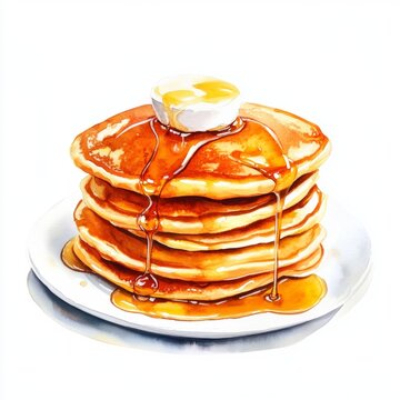 recommend clip art: Whimsical watercolor illustration of a stack of pancakes with syrup clipart, isolate on white, for a sweet start