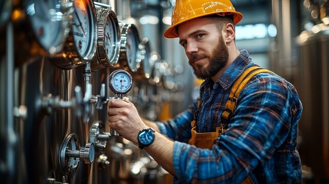 Engineer with hard hat checking pressure gauge in industrial brewery, ensuring proper functioning of the equipment.