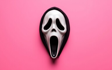 A white and black ghost mask on a pink background, perfect for Halloween decorations and spooky designs. 