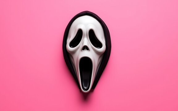 A white and black ghost mask on a pink background, perfect for Halloween decorations and spooky designs. 