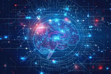 A stylized brain, rendered in a glowing digital design.