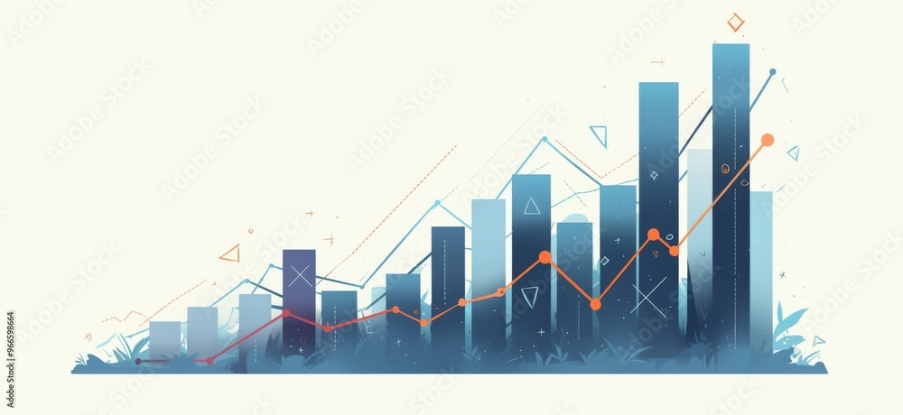 Aufkleber flat vector graphic of an upward-trending graph with bar lines in blue and green, representing finan