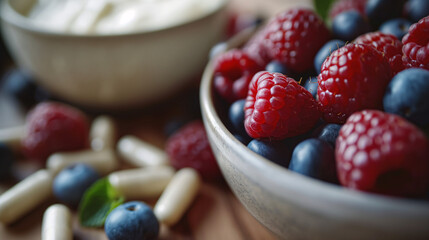 Close-up of probiotic capsules beside a bowl of yogurt with fresh berries,  digestive health and wellness